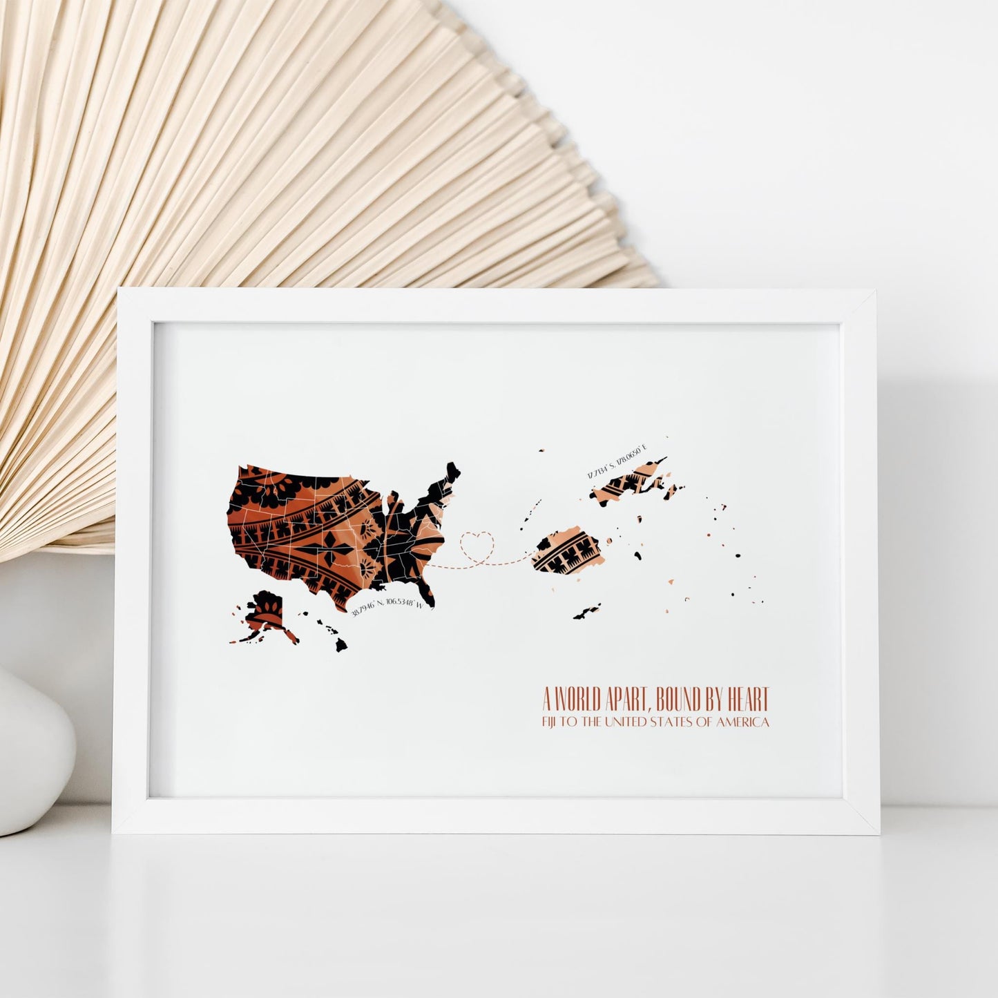 Fiji to USA Map with Heart Print