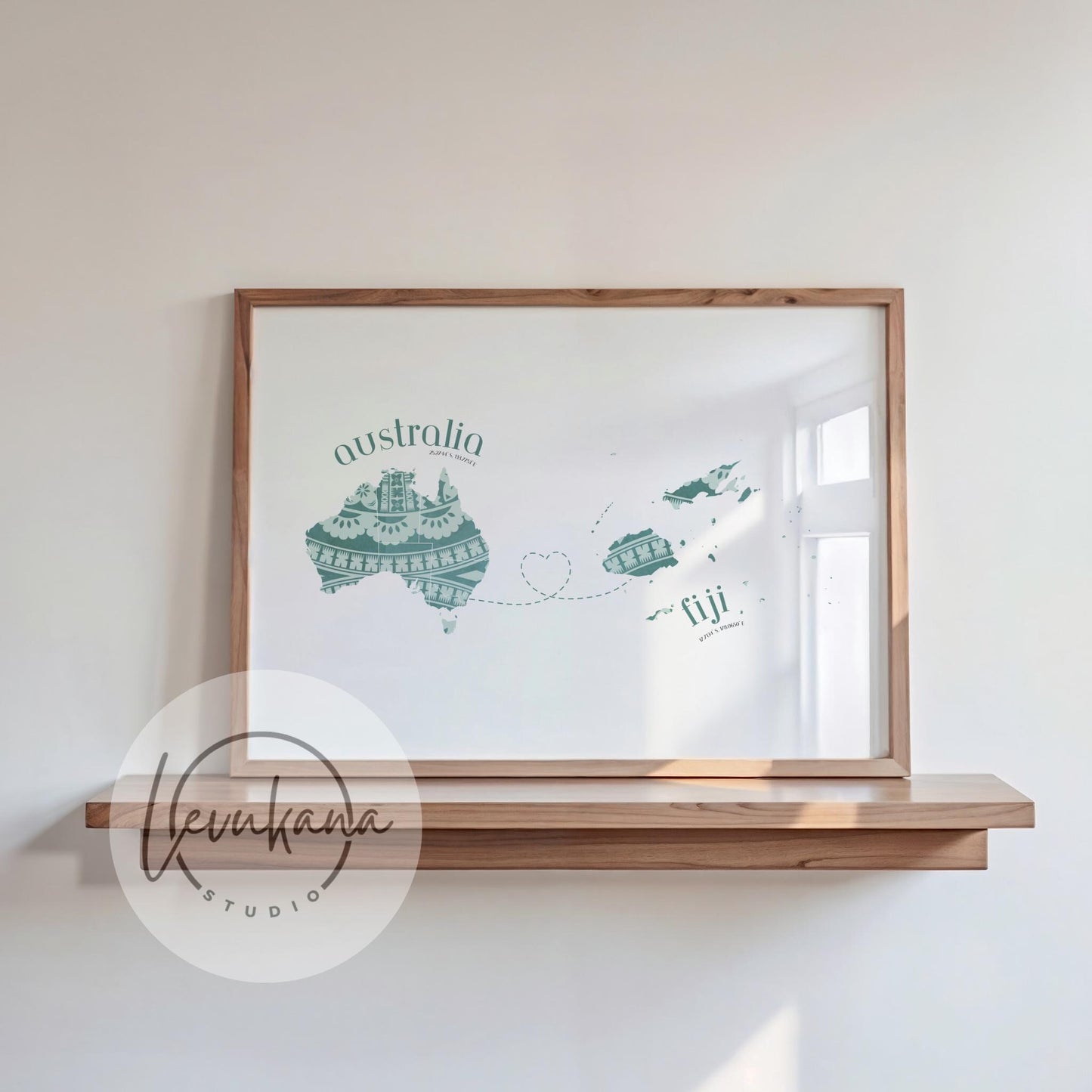 Fiji to Australia Map with Heart Print