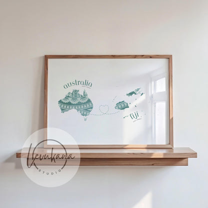 Fiji to Australia Map with Heart Print