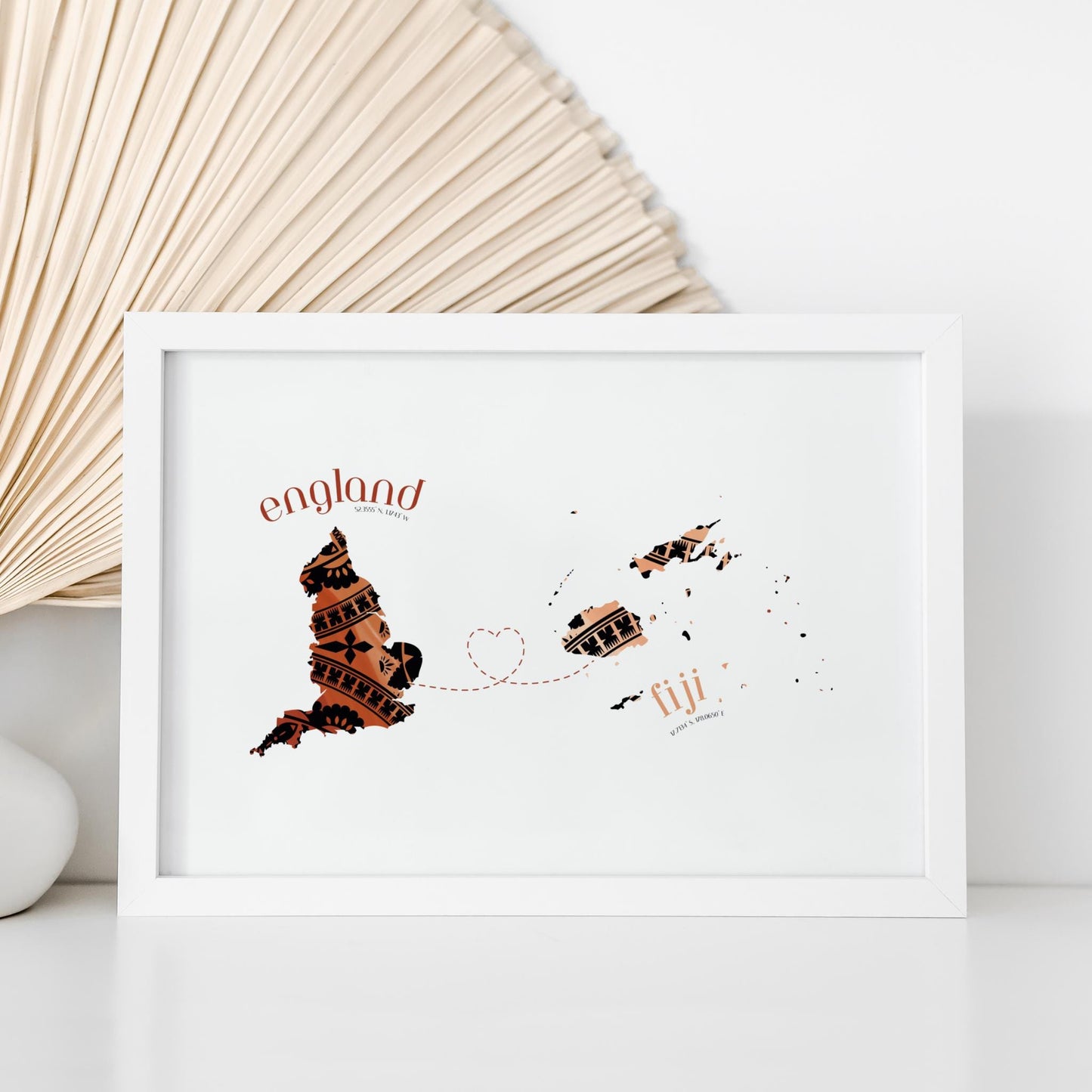 Fiji to England Map with Heart Print
