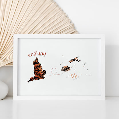 Fiji to England Map with Heart Print